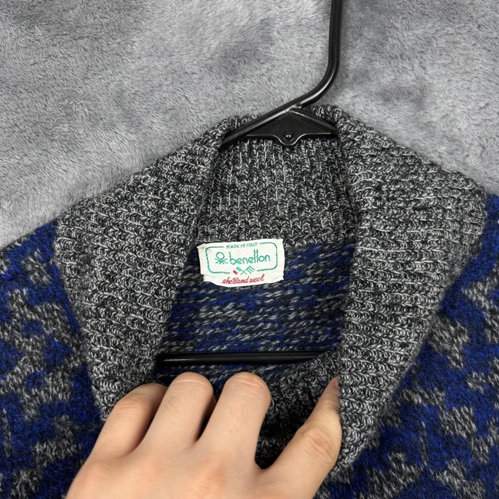 Benetton Sweater Mens 46 Blue Excellent Shetland Wool Geometric Mock Neck Italy